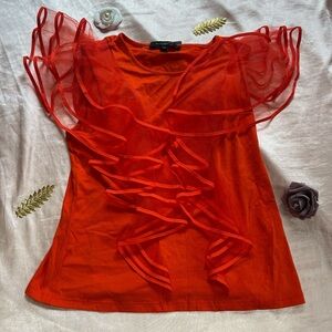 Red Sleeveless Ruffled Blouse